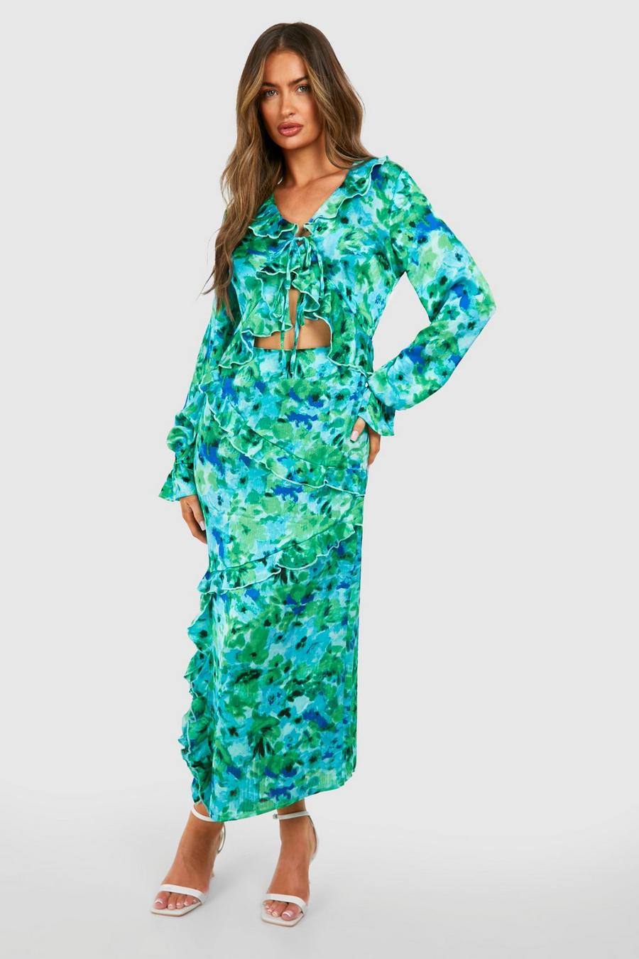Green Floral Cut Out Ruffle Midi Dress image number 1