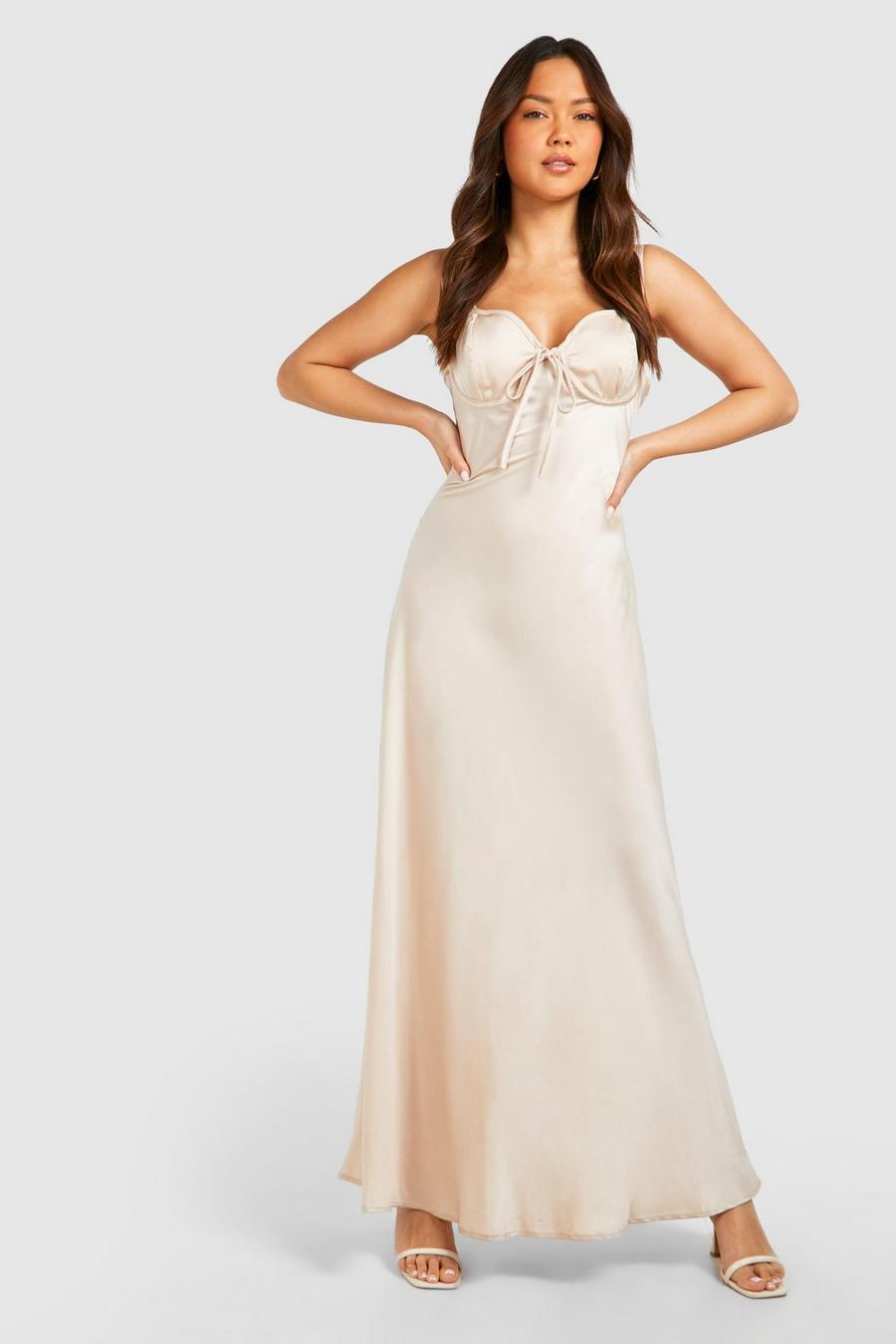 Champagne Satin Ruched Bust Maxi Slip Dress