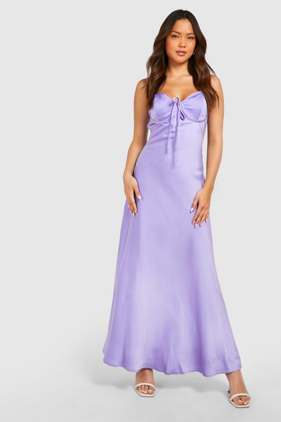 Lilac Satin Ruched Bust Maxi Slip Dress