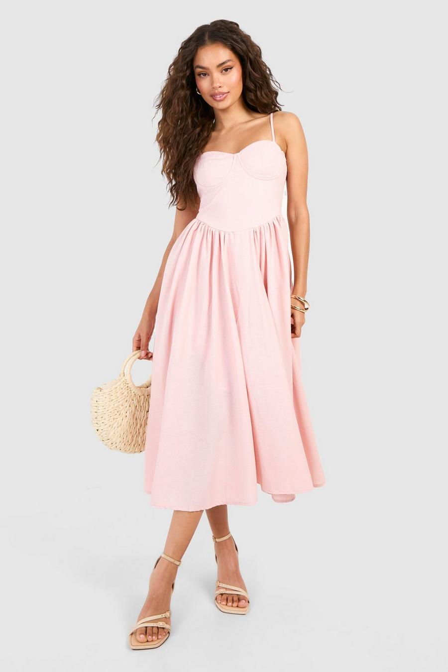Pink Linen Milkmaid Midi Dress