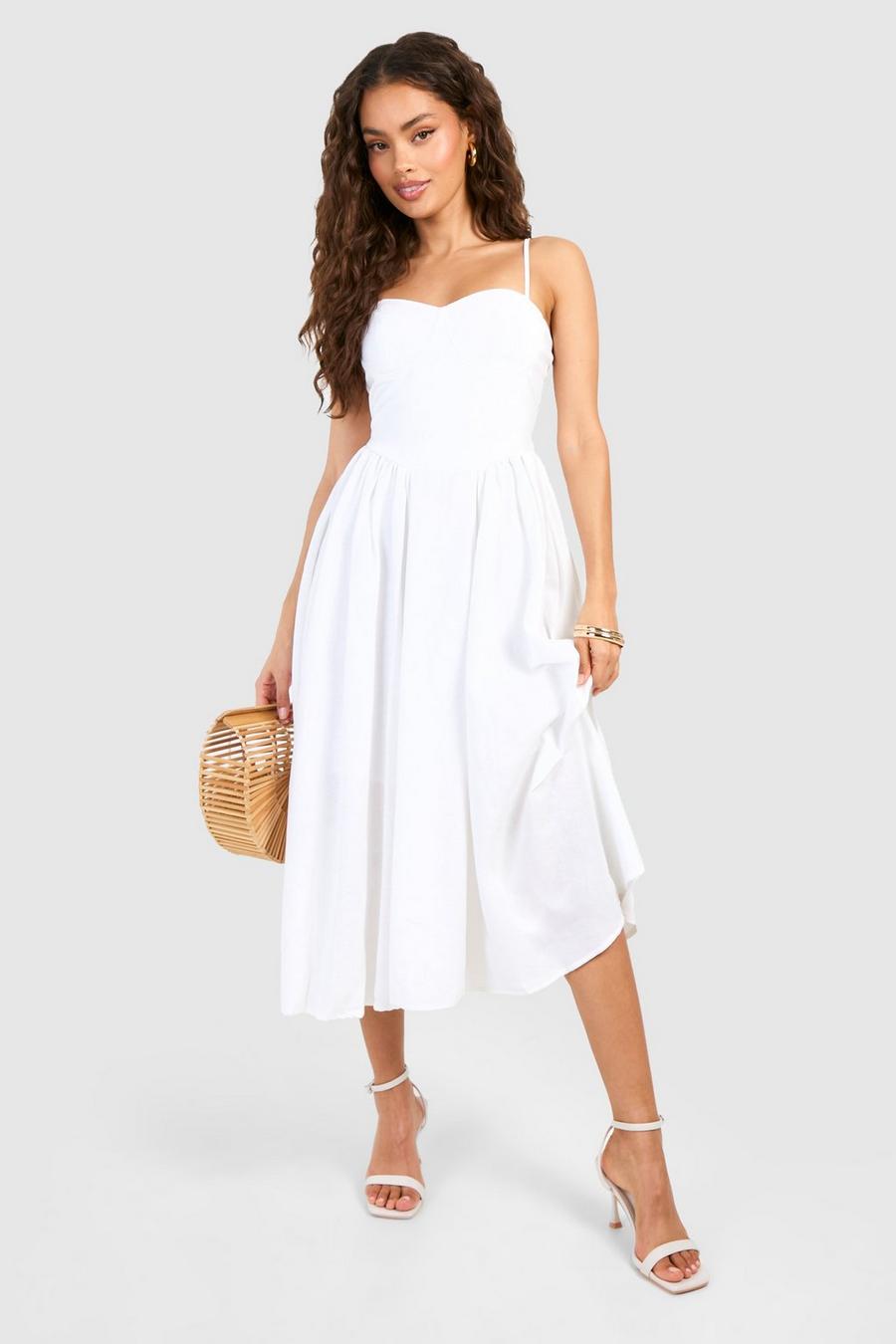 White Linen Milkmaid Midi Dress