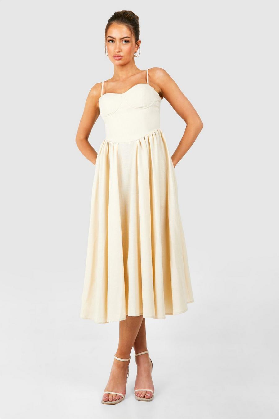 Stone Linen Milkmaid Midi Dress