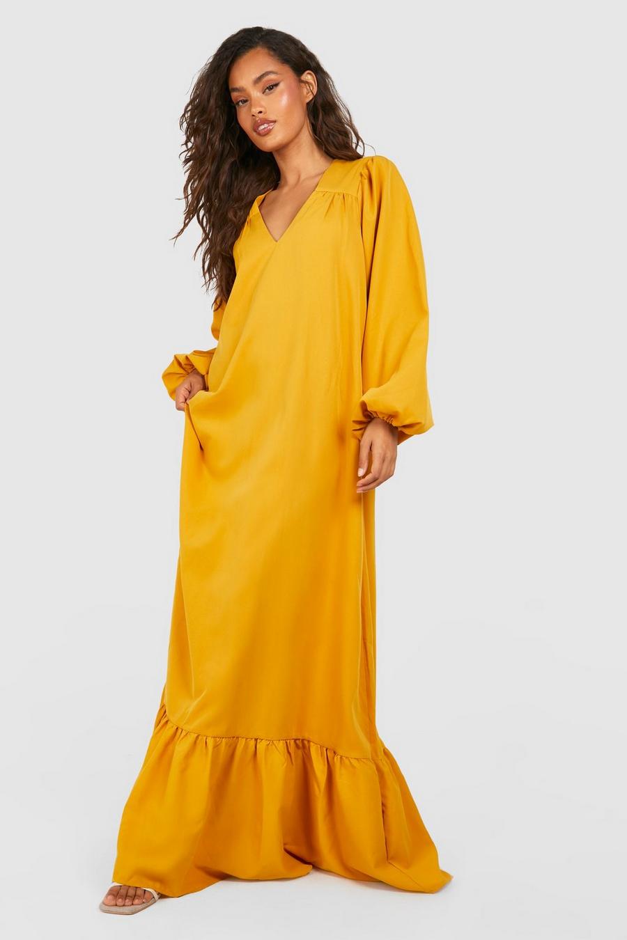 Mustard Poplin Blouson Sleeve Drop Hem Maxi Dress