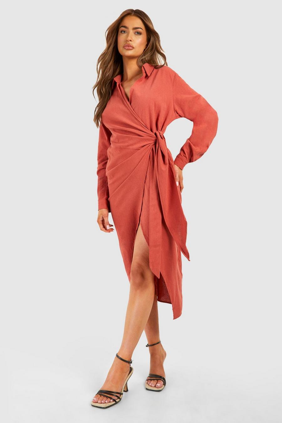 Rust Linen Wrap Midi Shirt Dress