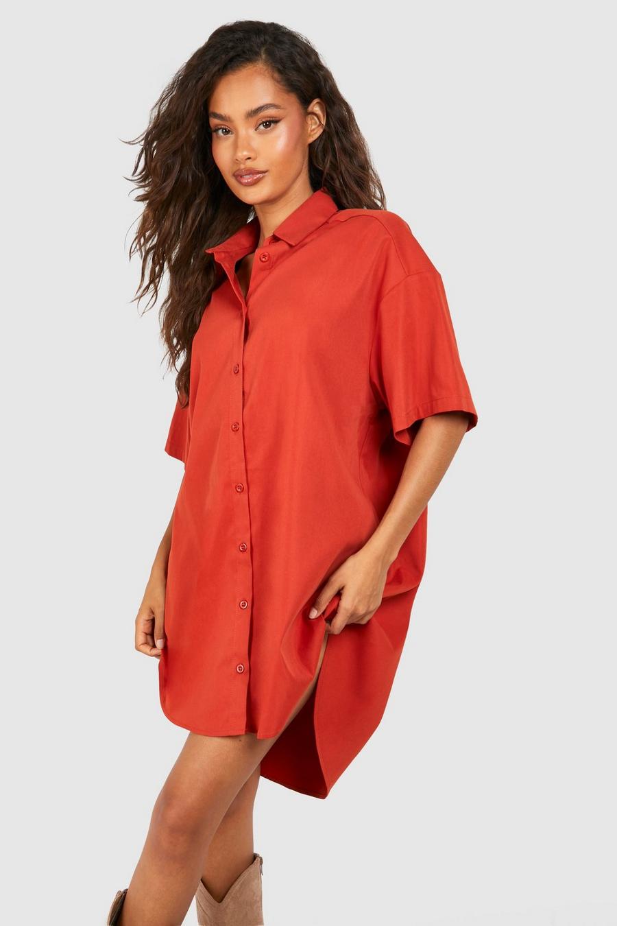 Rust Poplin Short Sleeve Oversized Shirt Dress