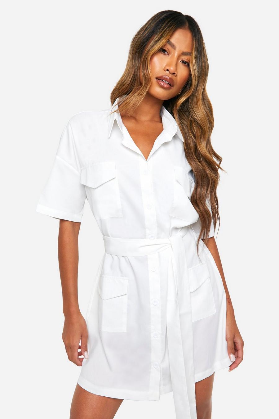 White Poplin Short Sleeve Utility double Shirt Dress