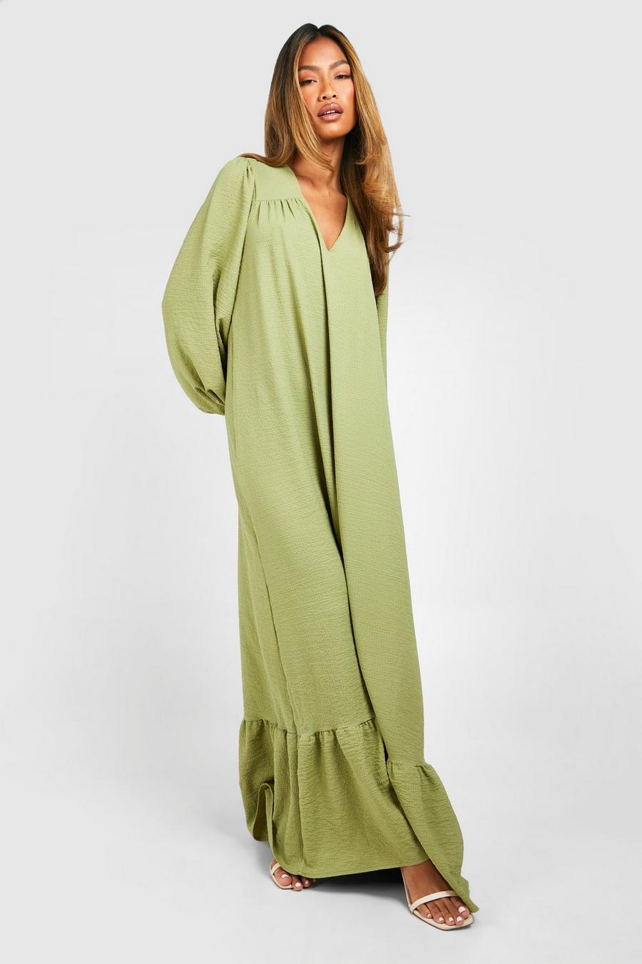 Olive Textured Blouson Sleeve Midaxi Dress