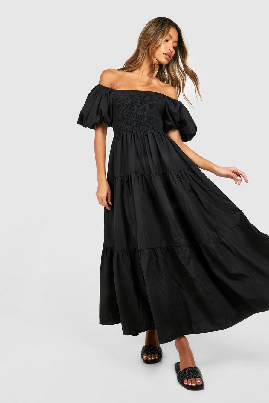 Black Tiered Shirred Midi Smock Dress image number 1