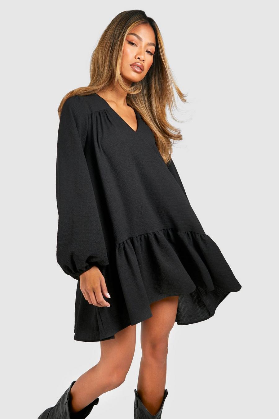Black Textured Blouson Sleeve Mini Smock Dress
