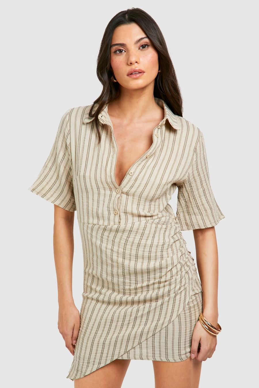 Stone Stripe Wrap Short Sleeve Shirt Dress