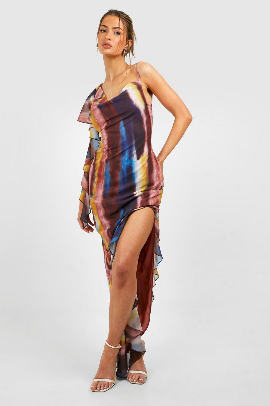 Vestido maxi con escote plisado y estampado abstracto, Multi