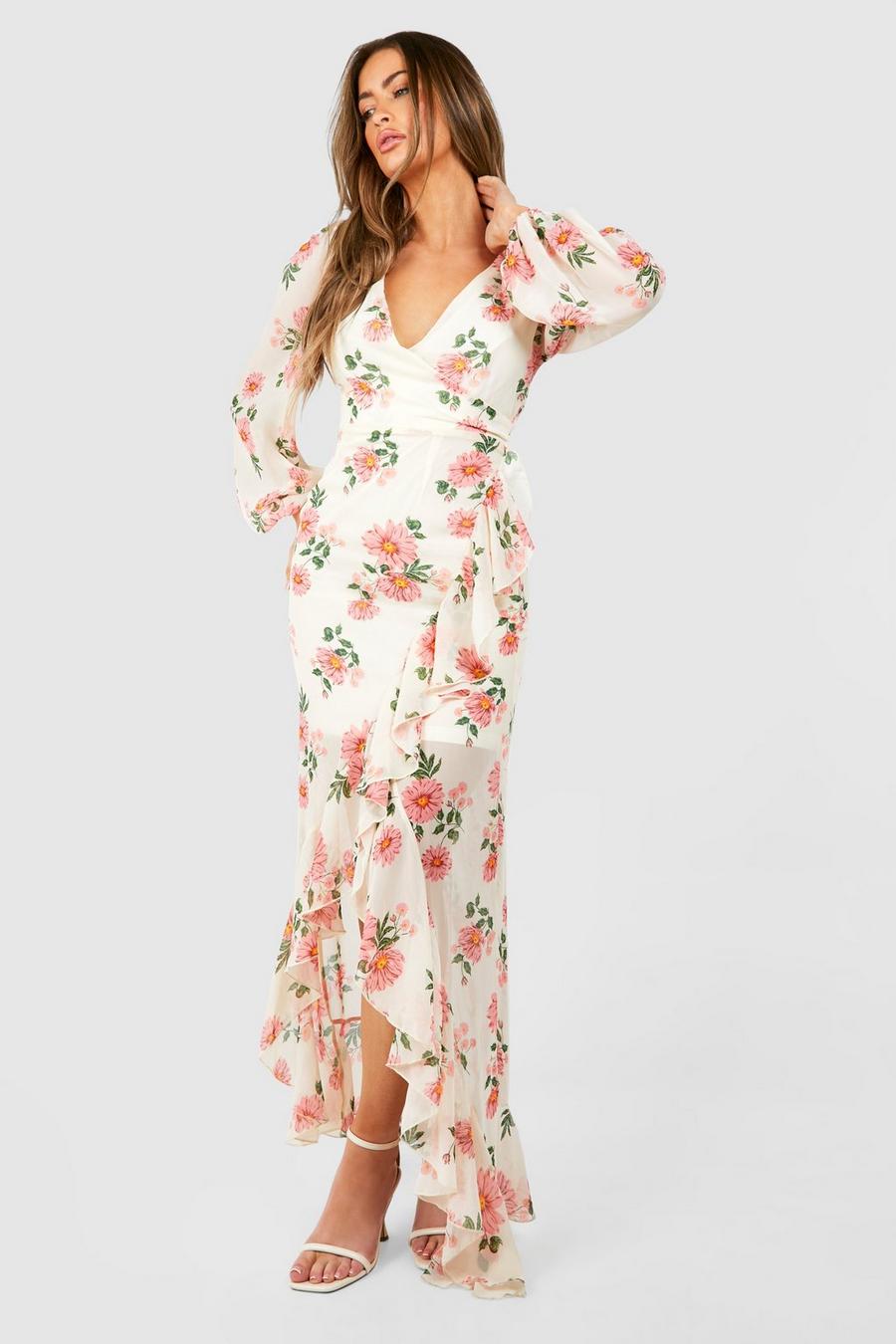 White Floral Chiffon Frill Detail Maxi Dress image number 1