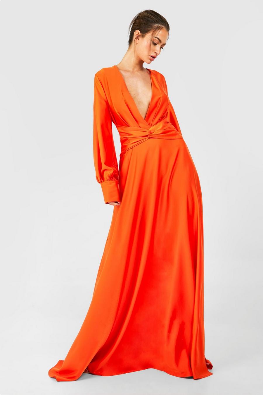 Orange Satin Twist Front Maxi Dress