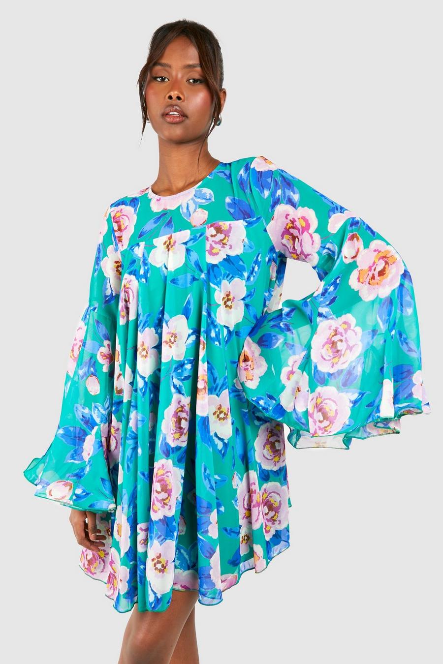 Green Floral Print Pleated Detail Smock Dress image number 1