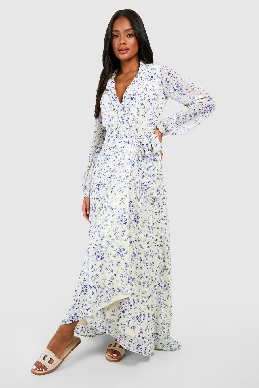 White Floral Wrap Belted Maxi Dress