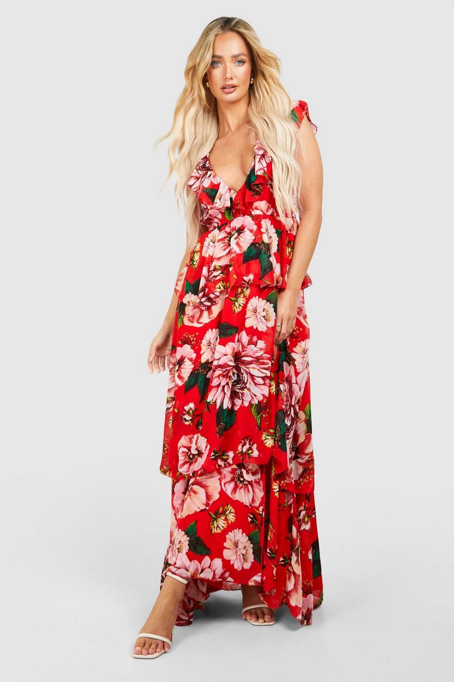Red Floral Tiered Ruffle Maxi Dress image number 1