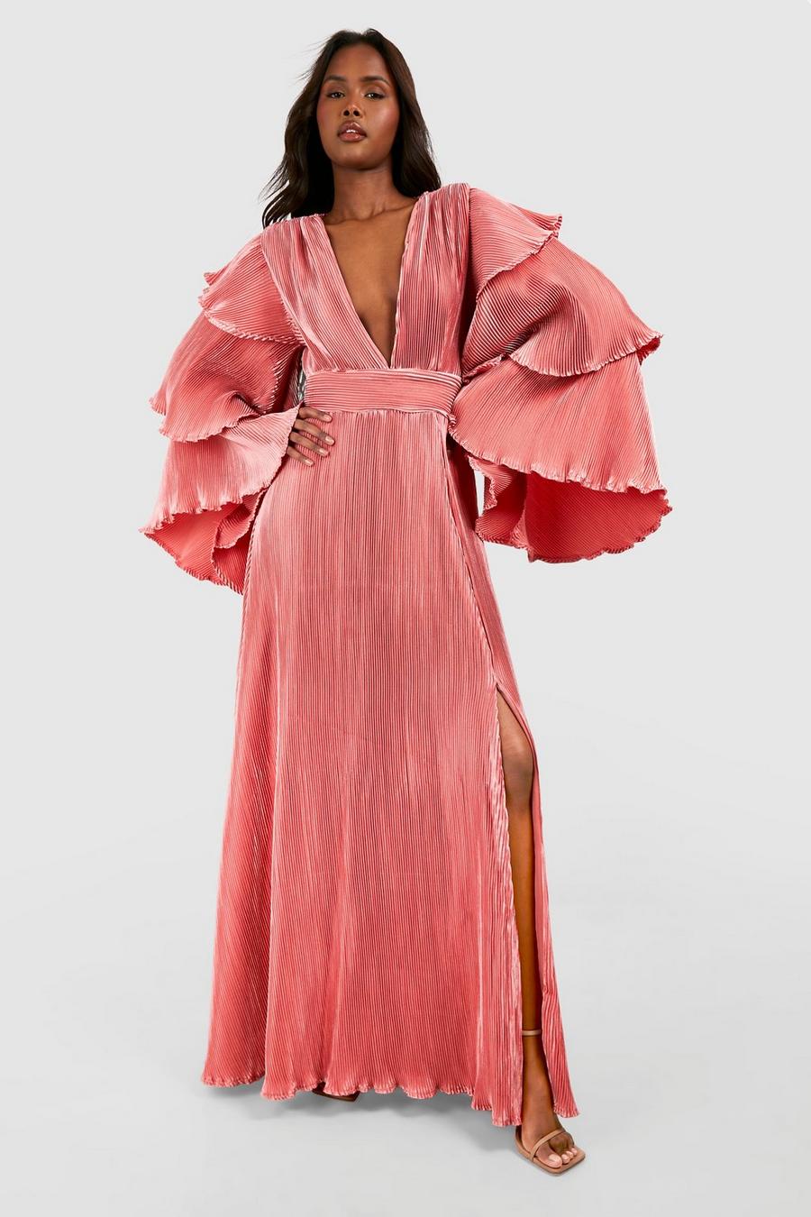 Rose Layered Ruffle Sleeve Maxi Dress