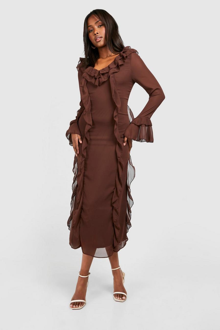 Chocolate Ruffle Detail Midi Dress