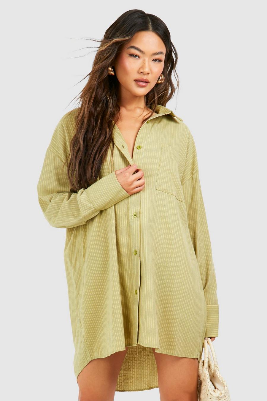 Robe chemise oversize à rayures fines, Olive image number 1