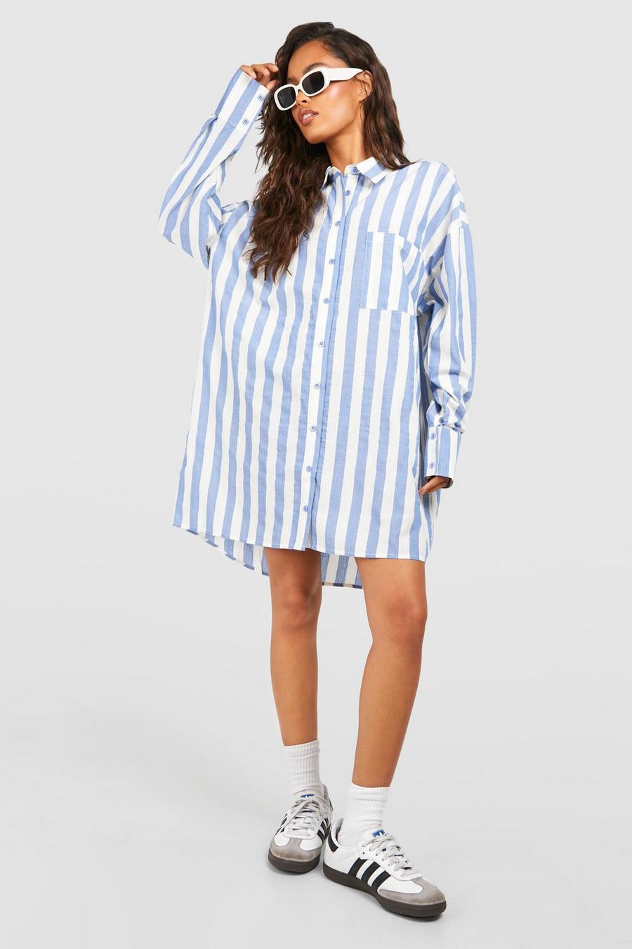 Oversize Hemdkleid mit breiten Streifen, Blue image number 1