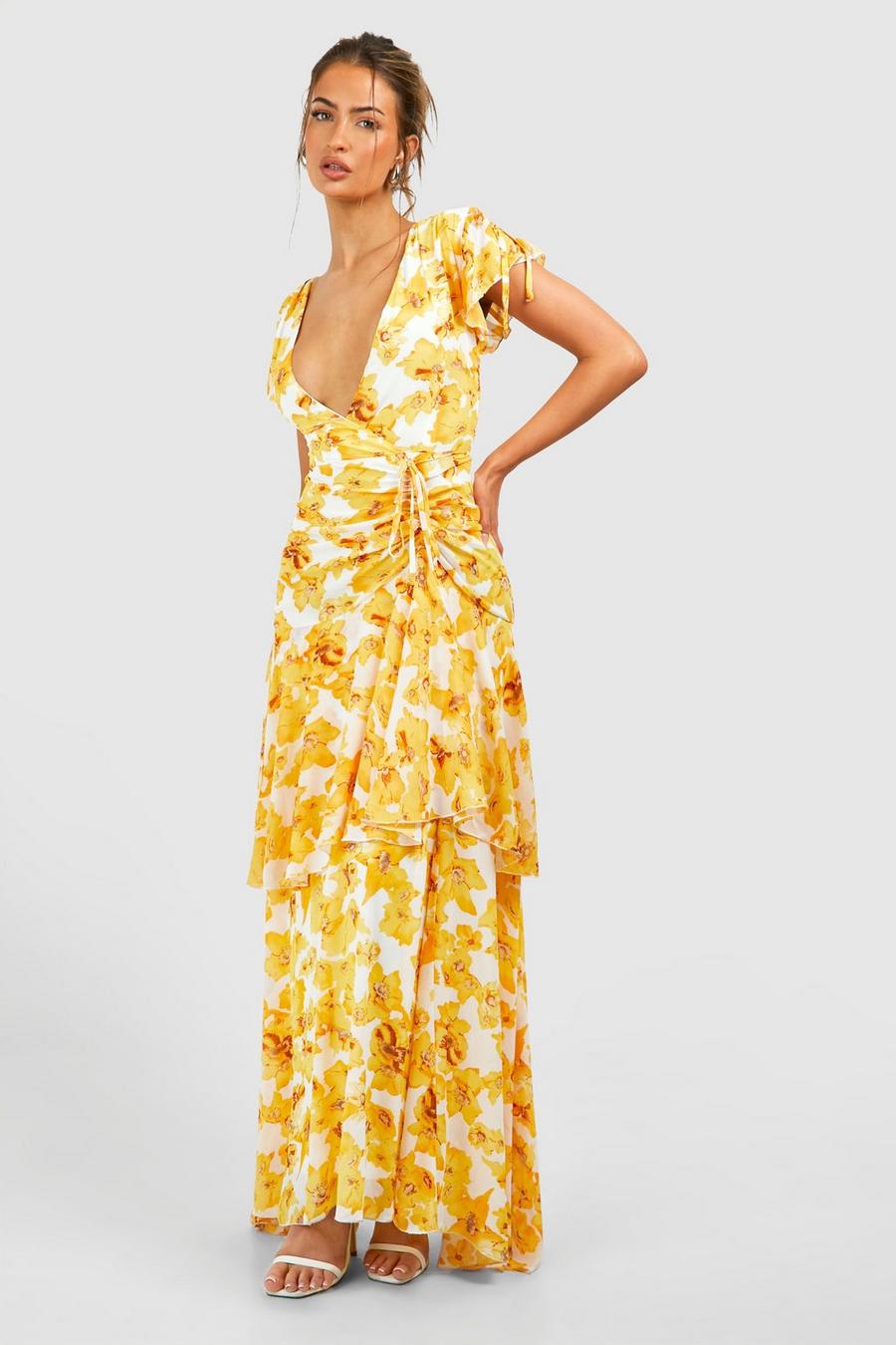 Yellow Blommig långklänning med rynkade detaljer