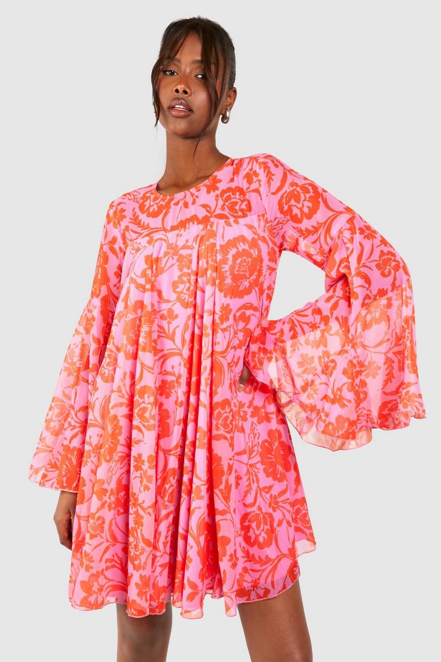 Pink Floral Print Flared Sleeve Smock Dress