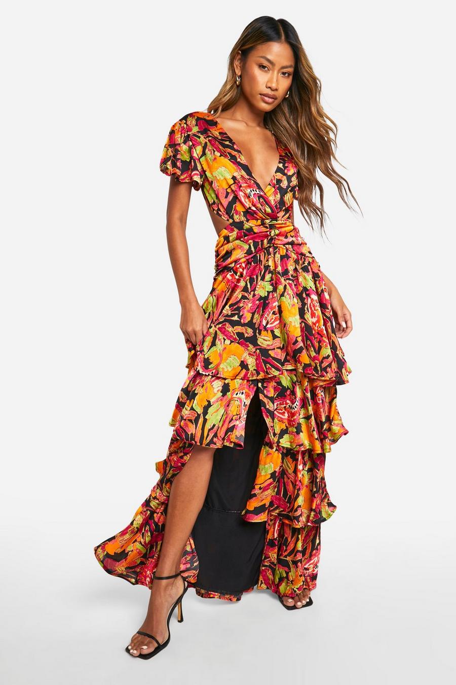 Black Printed Ruffle Tiered Cut Out Maxi Dress image number 1