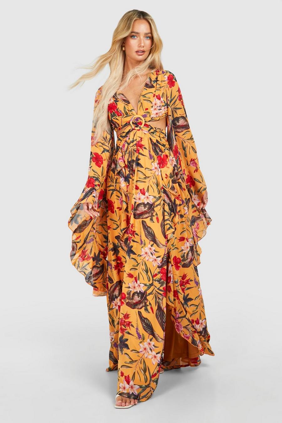 Vestido maxi de chifón con abertura y estampado de flores tropicales, Orange