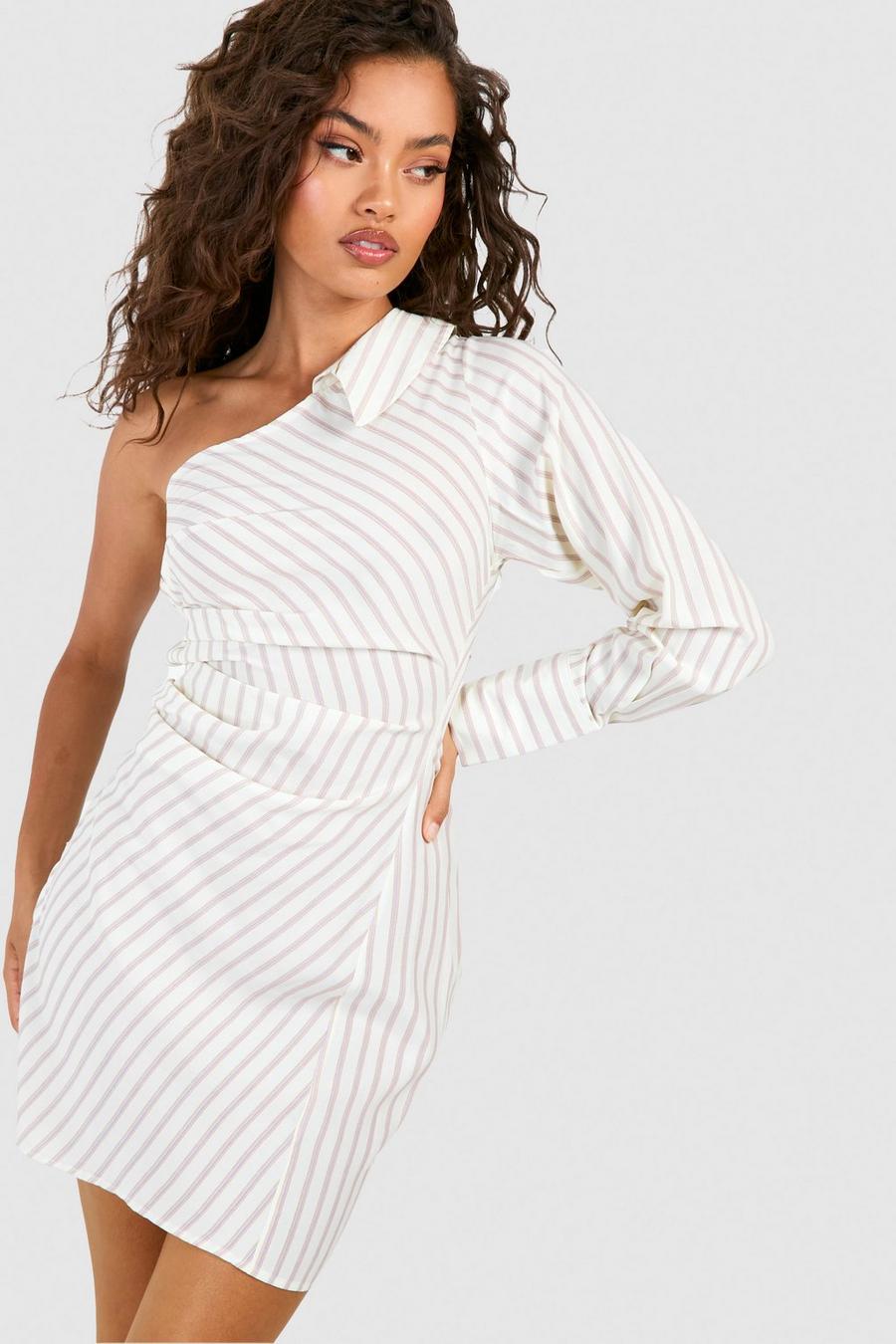 Stone Stripe Asymmetric Ruched Shirt Dress
