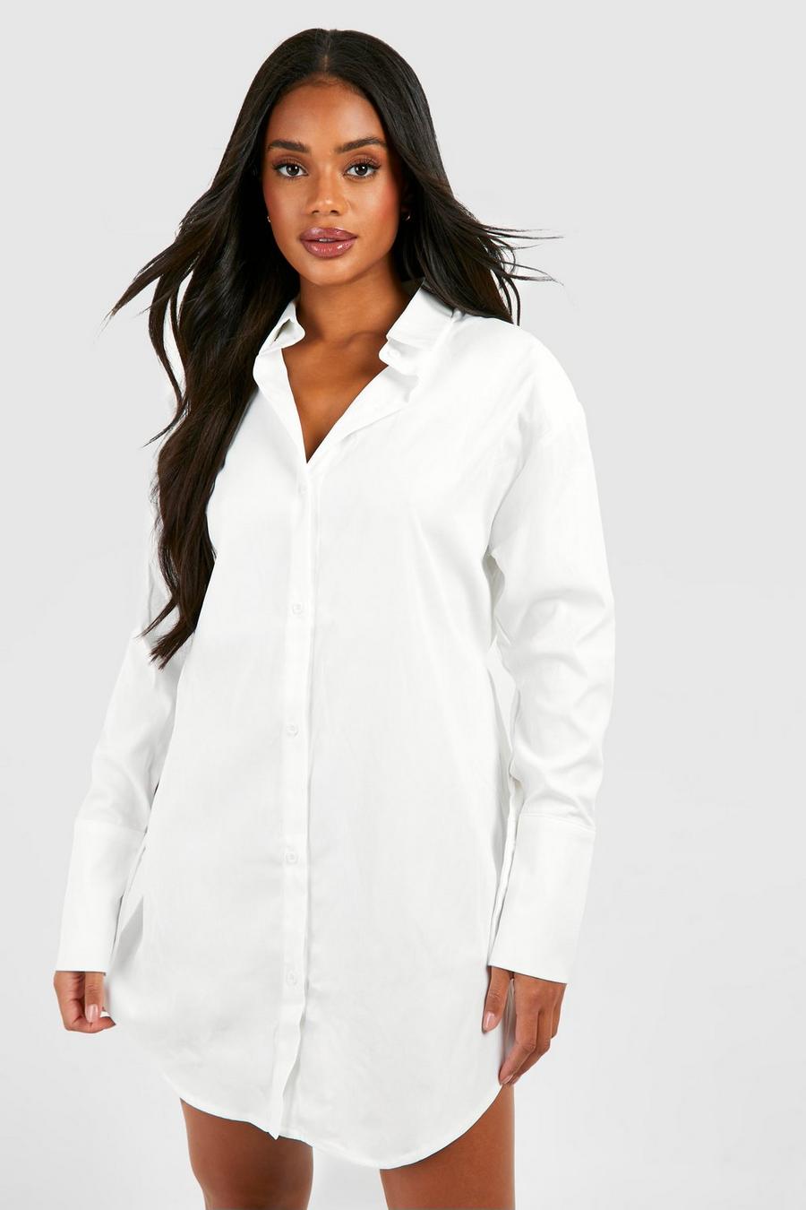 White Poplin Cinched Waist Shoulder Pad Shirt Dress