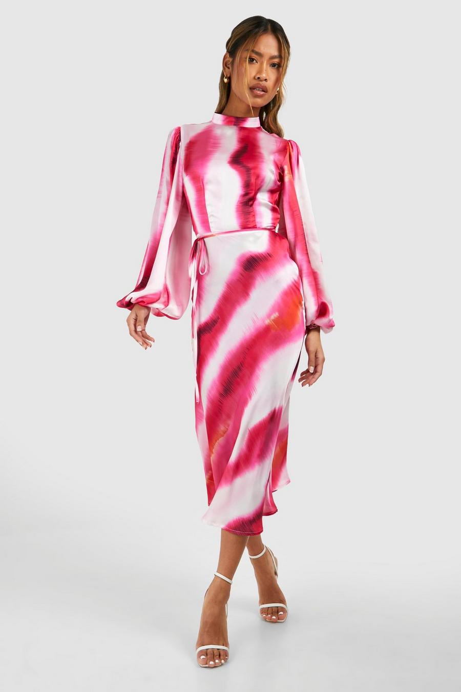 Robe mi-longue satinée à imprimé marbre à manches longues, Pink image number 1