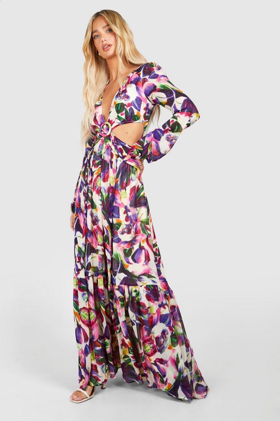 Multi Floral Print Cut Out Maxi Dress