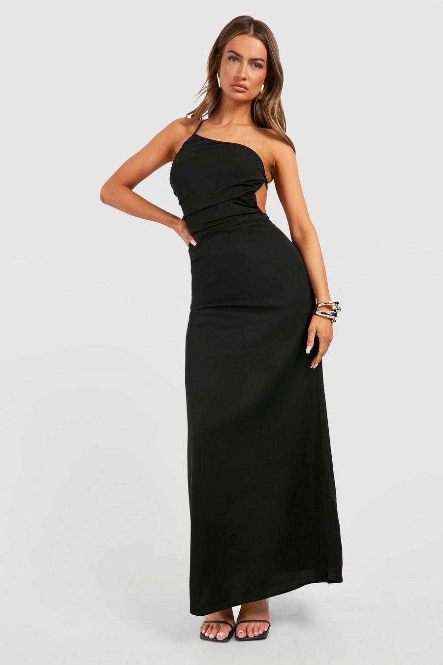 Black Rouched Asymmetric Maxi Dress image number 1