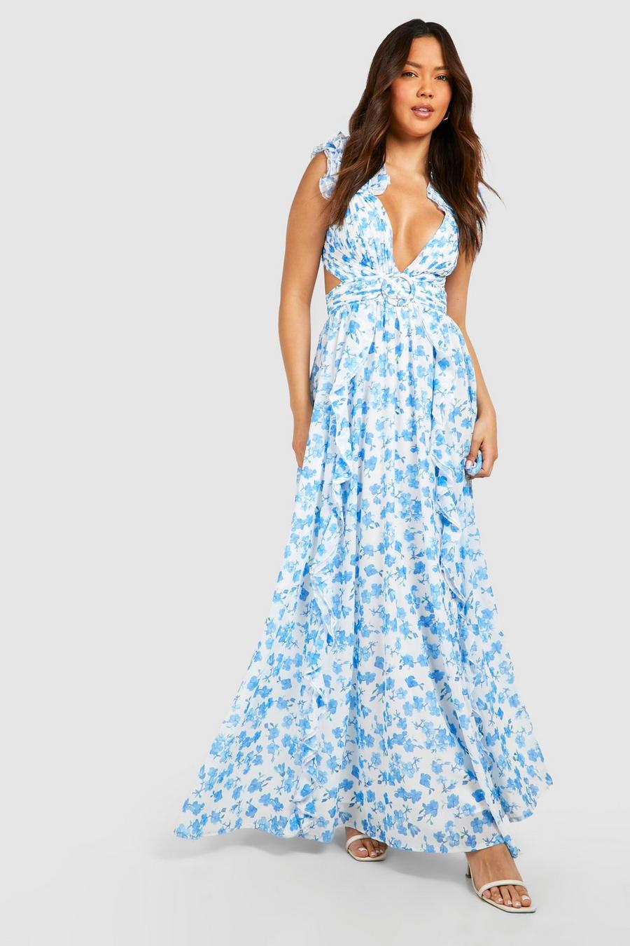 Blue Floral Ruffle Cut Out Maxi Dress