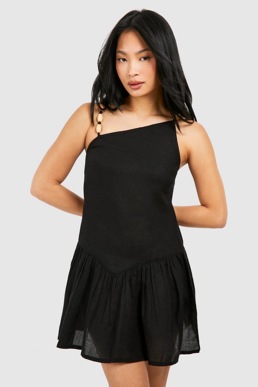 Black Petite Beaded Linen Mini Dress