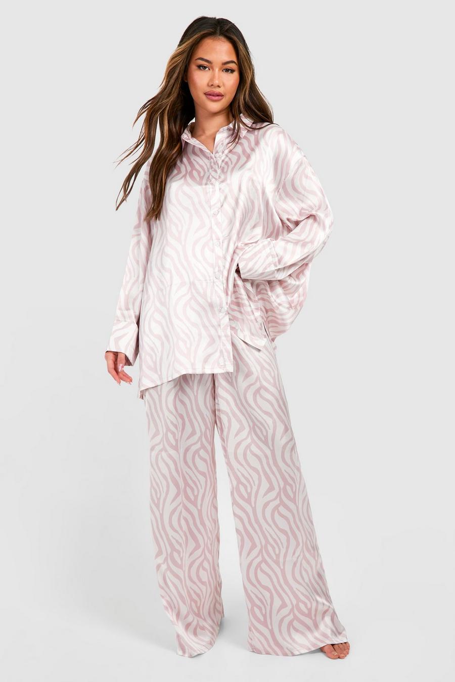Pink Oversized Tonal Zebra Print Satin Pyjama Set image number 1
