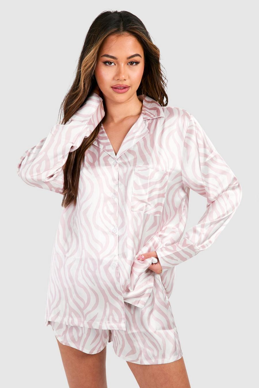 Pink Oversized Tonal Zebra Print Satin Short Pajama Set image number 1