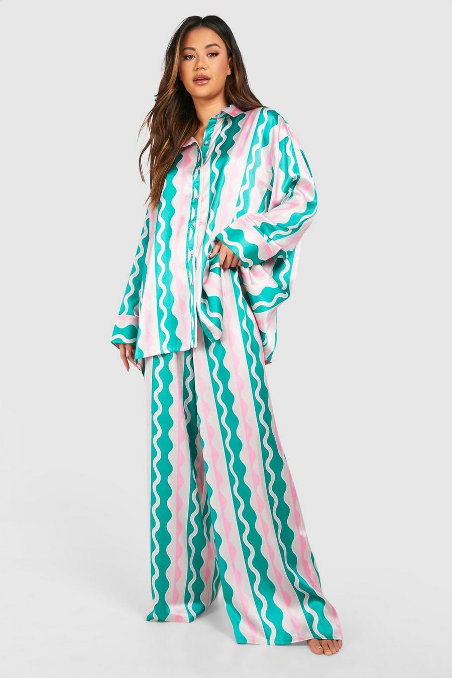 Set pigiama oversize con stampa a onde, Bright green