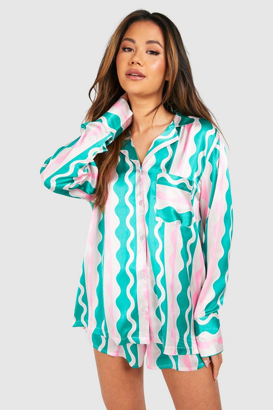Pijama oversize corto con estampado de ondas, Bright green