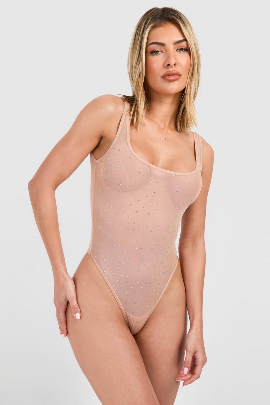 Nude Diamante Rhinestone Bodysuit  image number 1