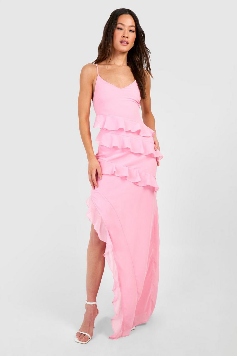 Light pink Tall Asymmetrisk långklänning i chiffong med volanger image number 1