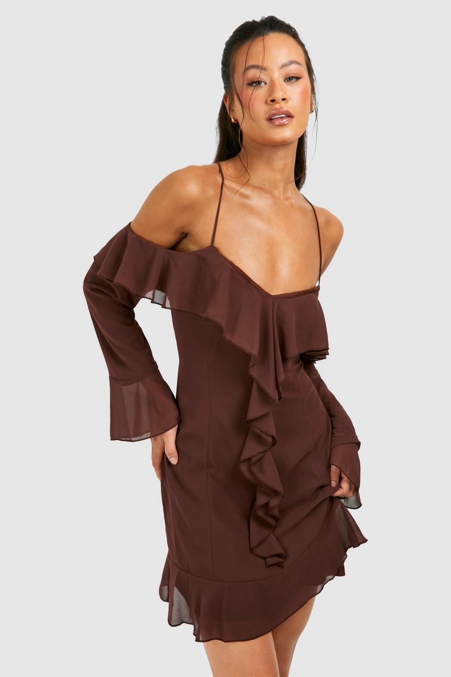Chocolate Tall Chiffon Ruffle Off The Shoulder Mini Dress 