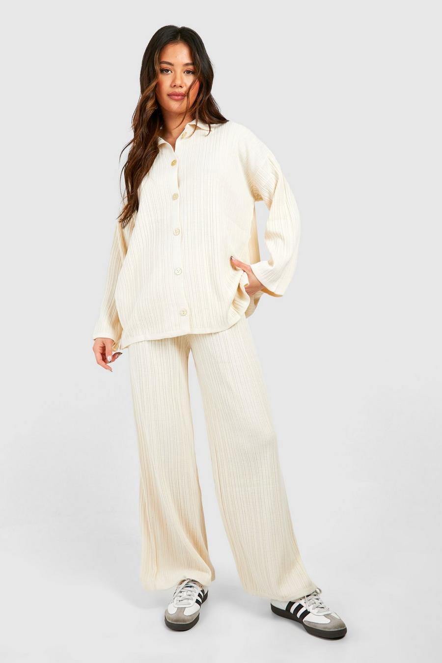 Ivory Mixed Rib Fine Gauge Cardigan And Wide Leg Knitted Set