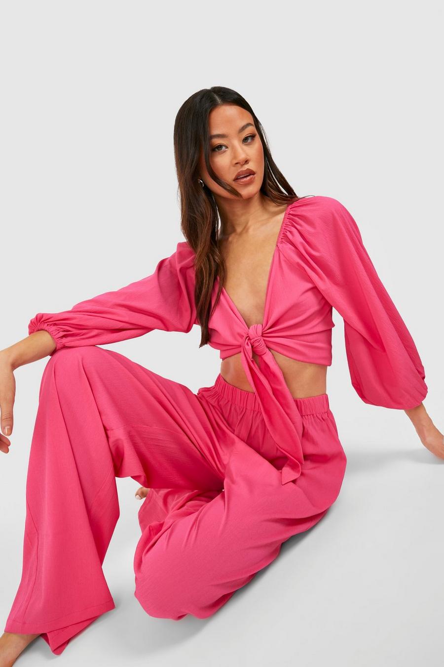Magenta pink Tall Beach Crinkle Wide Leg Trousers image number 1