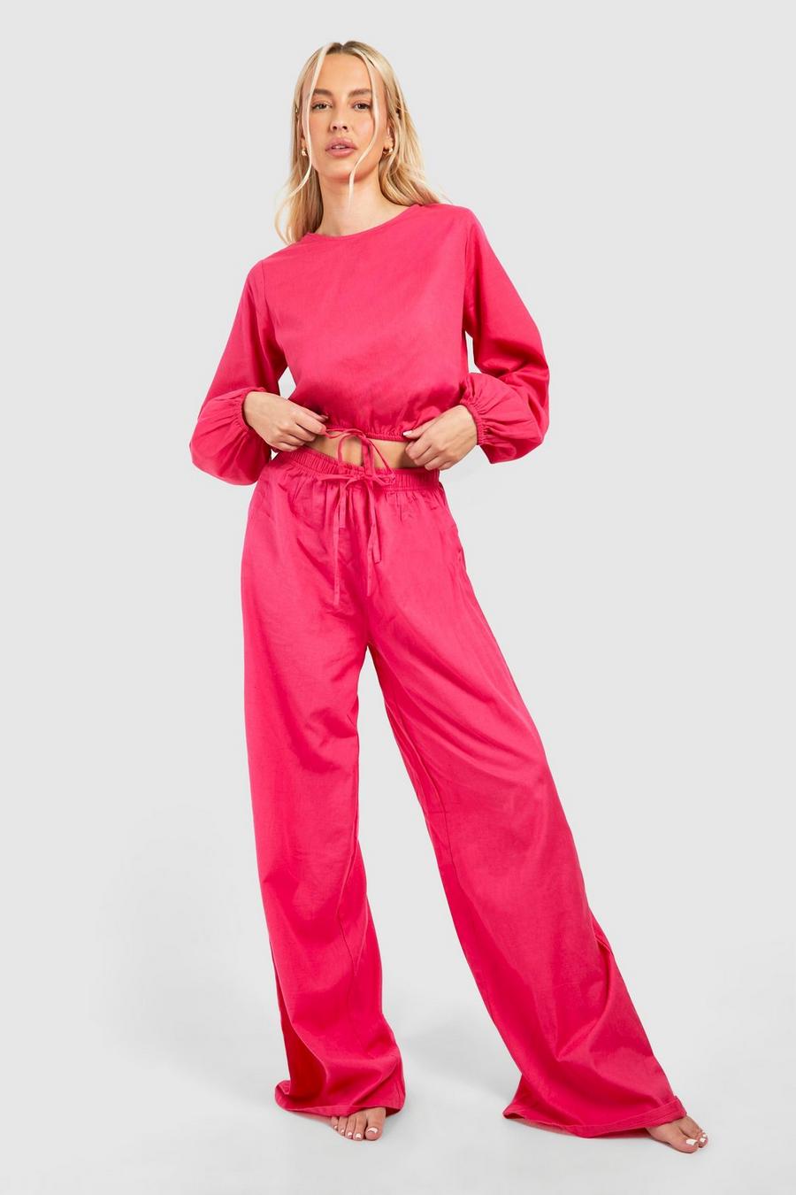 Magenta pink Tall Beach Pants And Puff Sleeve Top Two-Piece