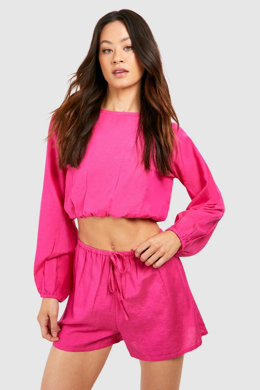 Magenta pink Tall Beach Shorts And Puff Sleeve Top Co-ord