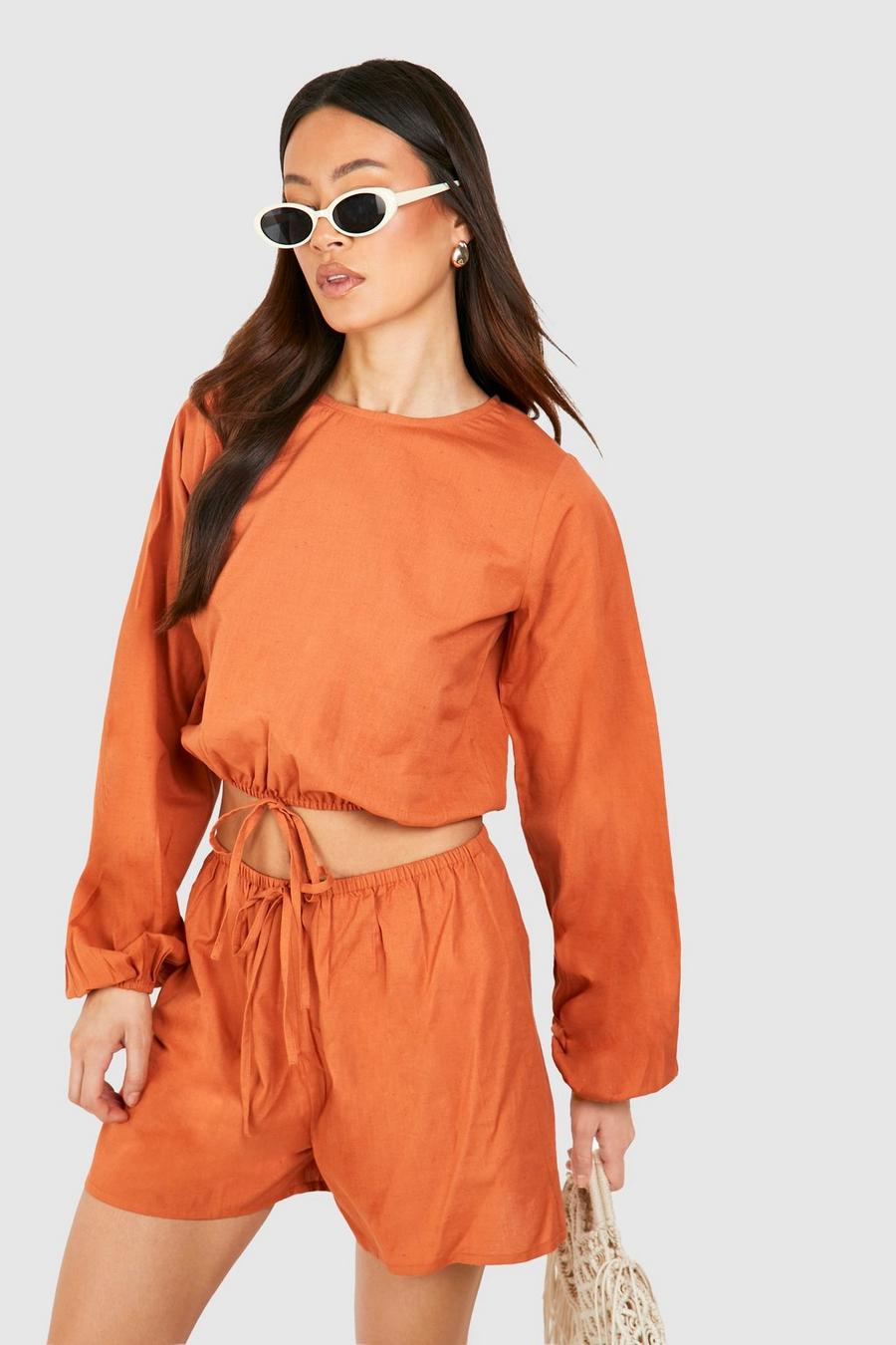 Rust Tall Beach Shorts And Puff Sleeve Top Co-ord