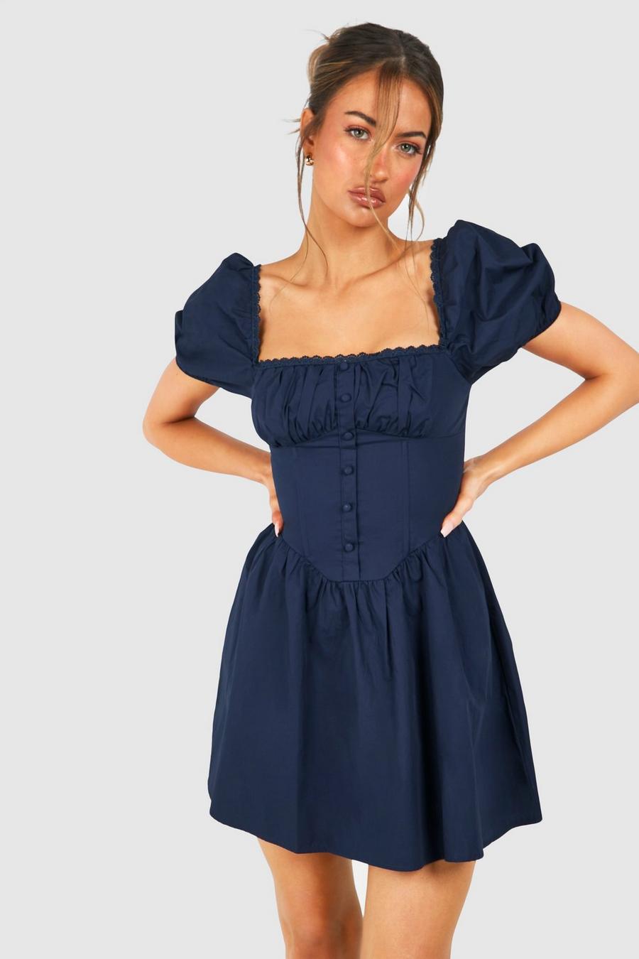 Navy Puff Sleeve Cotton Ruched Milkmaid Mini Dress