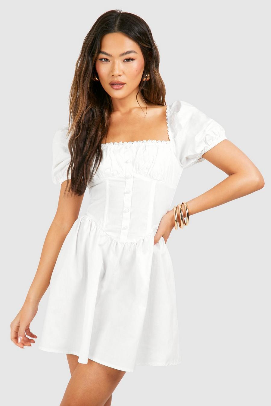 Vestido mini de algodón fruncido estilo mesonera con mangas abullonadas, White