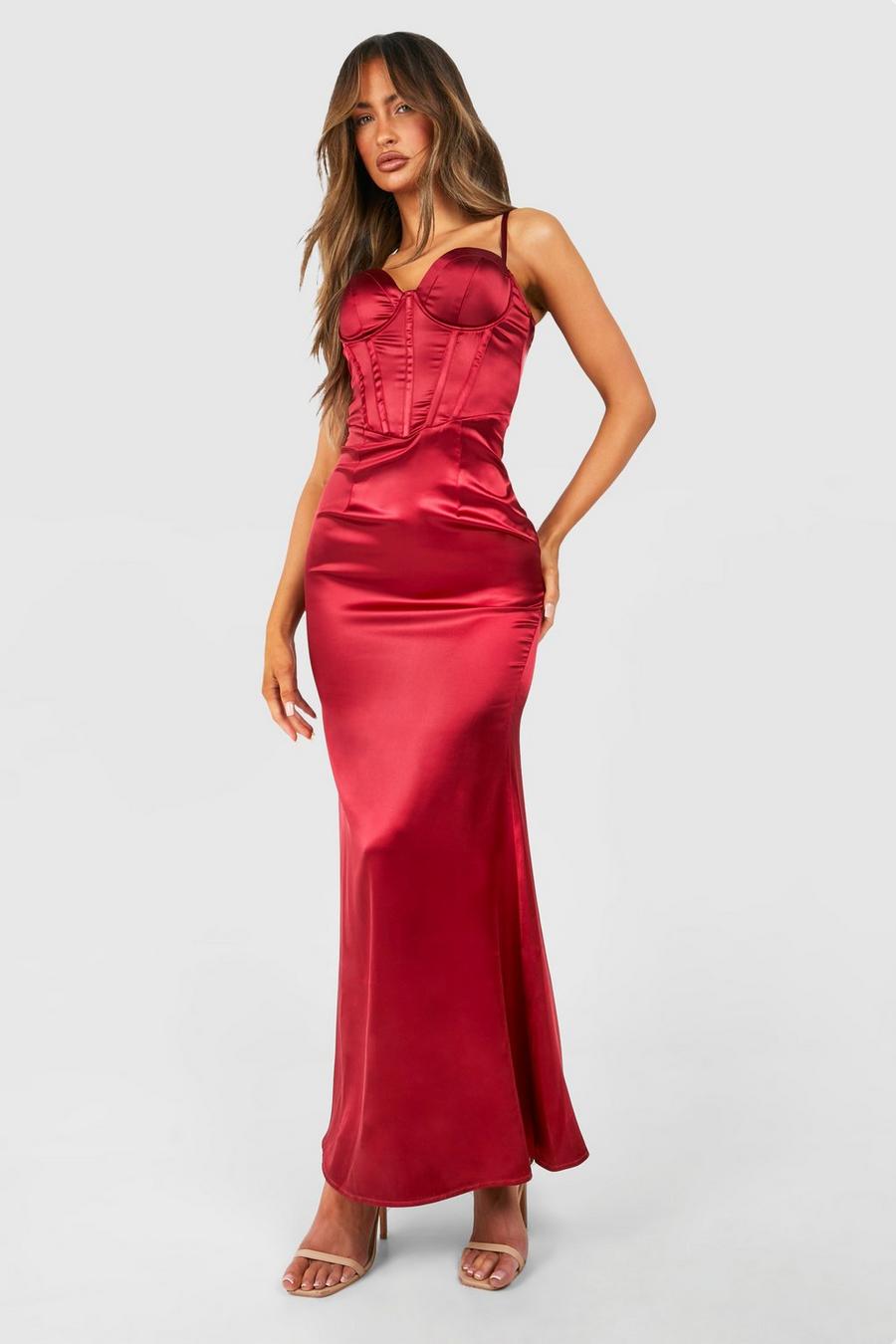 Cherry Satin Corset Strappy Maxi Dress image number 1